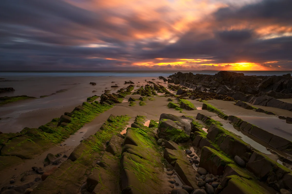 The image captures a serene beach scene at sunset, where the vibrant colors of the sky reflect off the calm ocean waters. Jagged rocks covered in green moss create a striking foreground, enhancing the tranquil atmosphere.